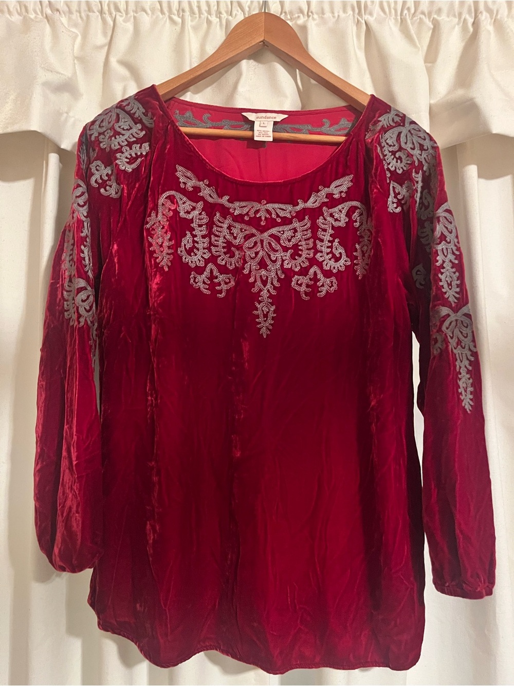 Sundance Velvet Peasant Top Rich Red w/ Robin’s Egg Blue Embroidery Large